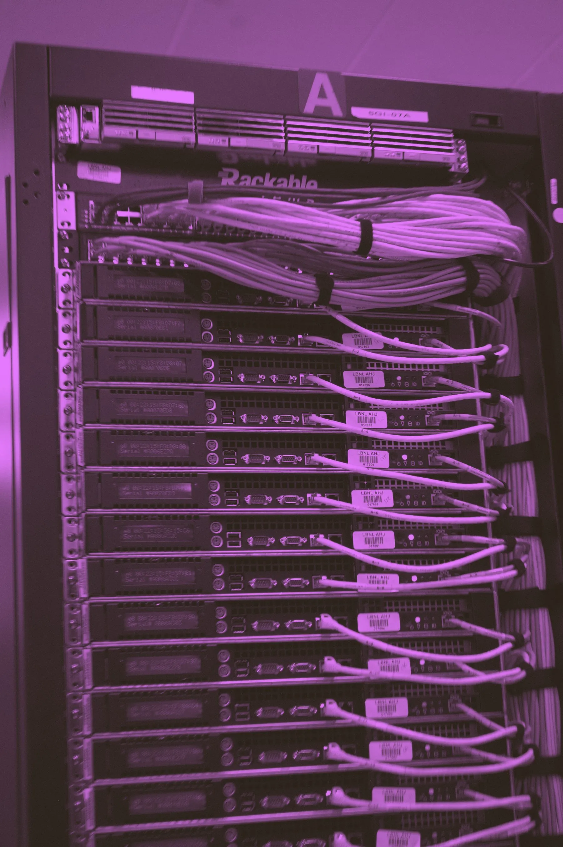 The rear of a server rack, cabling bundled and routed across a column of rack-mounted machines